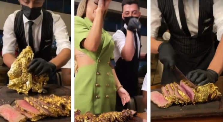 Em Dubai, viúva de MC Kevin come carne folheada a ouro (Foto: Reprodução)