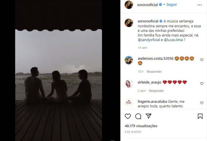 Post de Xororó no Instagram, onde aparece cantando com a filha, Sandy, e o genro, Lucas Lima (Foto: Reprodução)