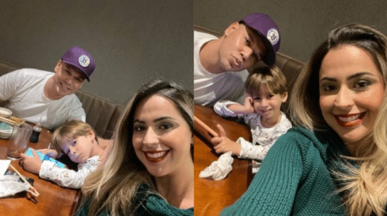 O famoso ator de Narcisa do programa da Eliana do SBT, Tiago Barnabé ao lado de sua esposa e filho (Foto: Reprodução)