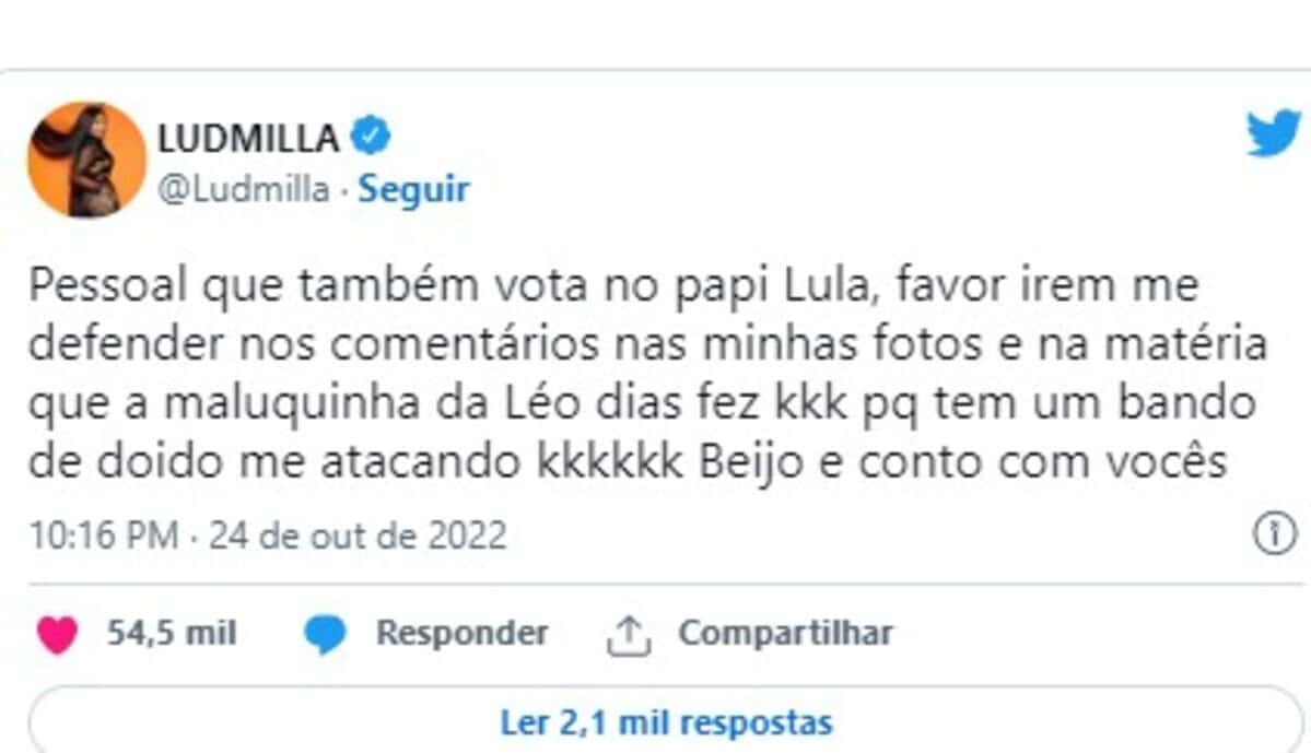 Postagem de Ludmilla no Twitter