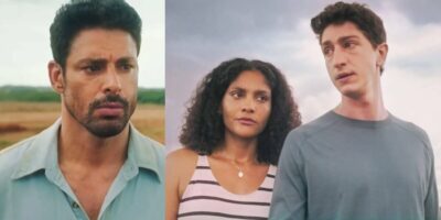 Caio, Aline e Daniel em cenas de Terra e Paixão (Foto: Reprodução / Globo / Montagem HoraDoBenefício)