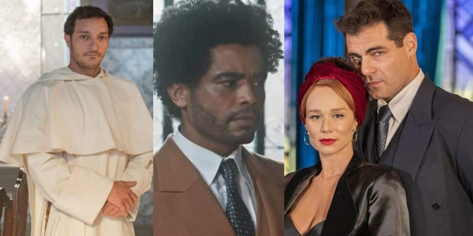 Frei João, Orlando, Gilda e Gaspar em cenas de Amor Perfeito (Foto: Reprodução / Globo / Montagem HoraDoBenefício)