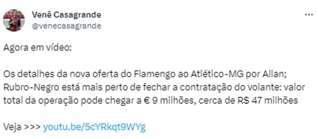 Venê Casagrande traz notícia quente sobre condições do Atlético e Flamengo por volante (Foto: Reprodução/ Twitter)