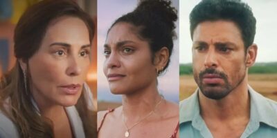 Irene, Aline e Caio em cenas de Terra e Paixão (Foto: Reprodução / Globo / Montagem HoraDoBenefício)