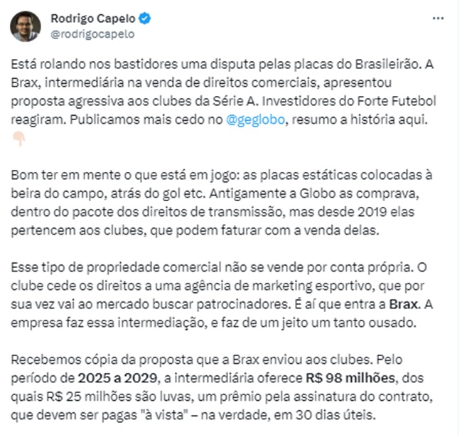 Jornalista do site Globo Esporte e da SporTV confirma nas redes sociais sua apuração da 777 Partners ao Vasco (Foto: Reprodução/ Twitter)