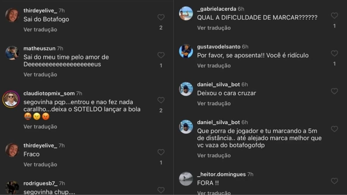 Torcedores do Botafogo pedem saída de Segovinha do Botafogo após erro no Brasileirão (Fotos: Reprodução/ Instagram/ Montagem)