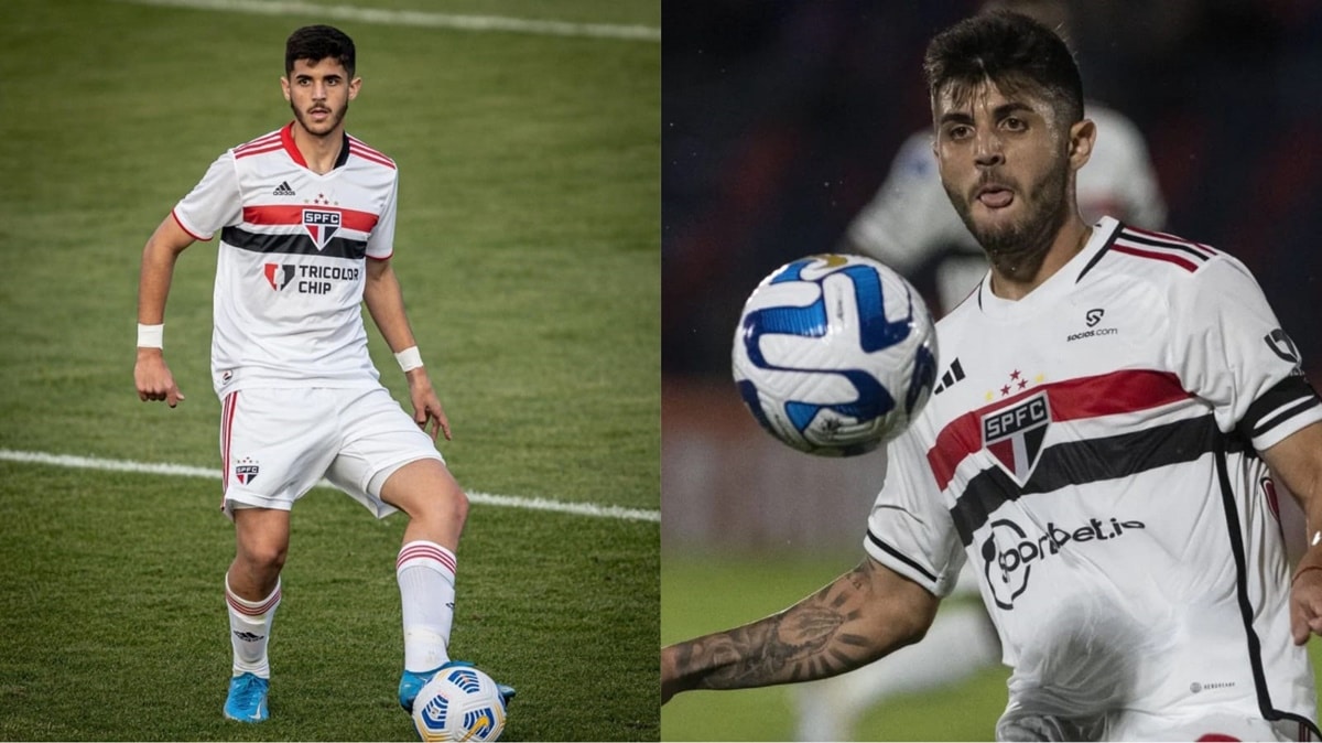 O zagueiro Lucas Beraldo, de 20 anos, é alvo do Liverpool (Fotos: Reprodução/ Instagram/ Rubens Chiri/ SPFC/ Montagem)