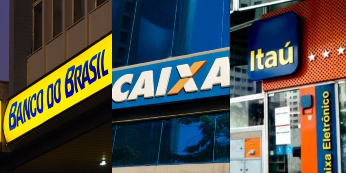 Fachadas dos principais bancos do país: Banco do Brasil, Caixa e Itaú (Fotos: Reprodução/ Internet/ Montagem)