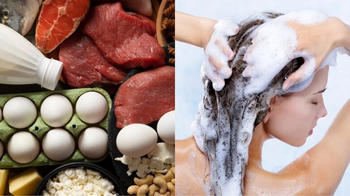 Alimentação rica em proteínas, ferro, zinco e diante da lavagem regular, ajuda a cabelo crescer (Fotos: Reprodução/ Freepik/ Montagem)