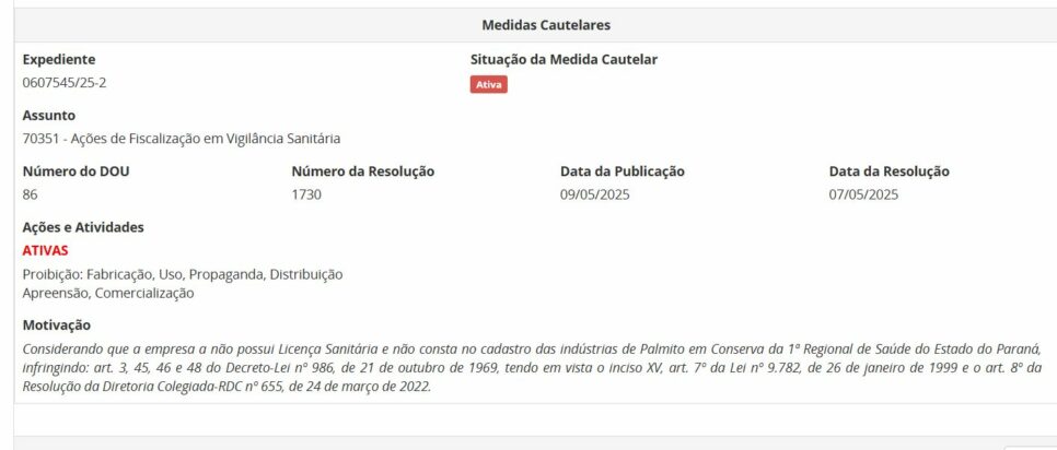 Medida da ANVISA contra Palmito do Filhos da Terra, parte 2 (Foto Reprodução/ANVISA)