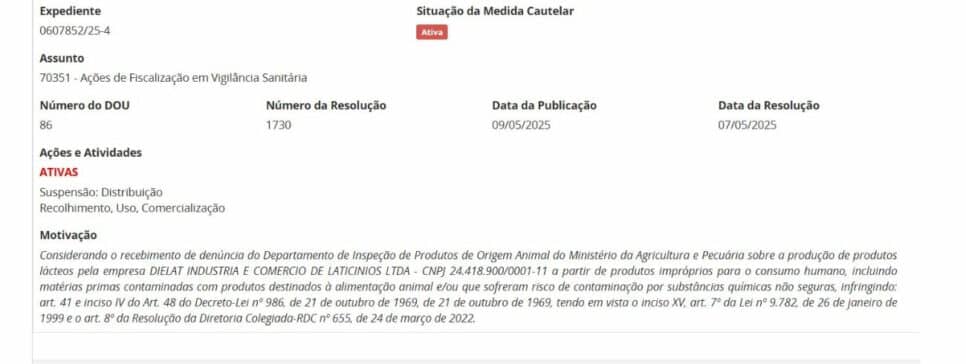 Resolução da ANVISA com ação contra lotes da DIELAT pt 2 (Foto Reprodução/ANVISA)